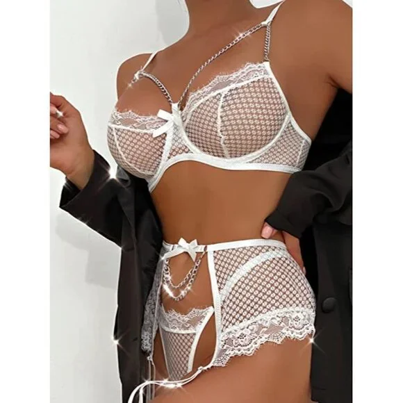 SEXY Eyelash Fishnet Lingerie Chain Babydoll Underwire Bra Panty Set Garter Belt